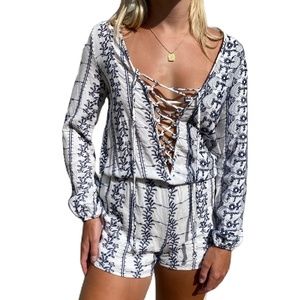 Vintage Havana romper lace up long sleeve blue white S